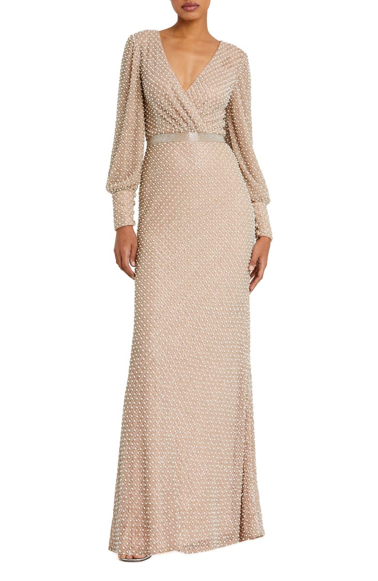 Mac Duggal Wrap Over Bishop Sleeve Pearl Beaded Gown, Main, color, Ivory Nude