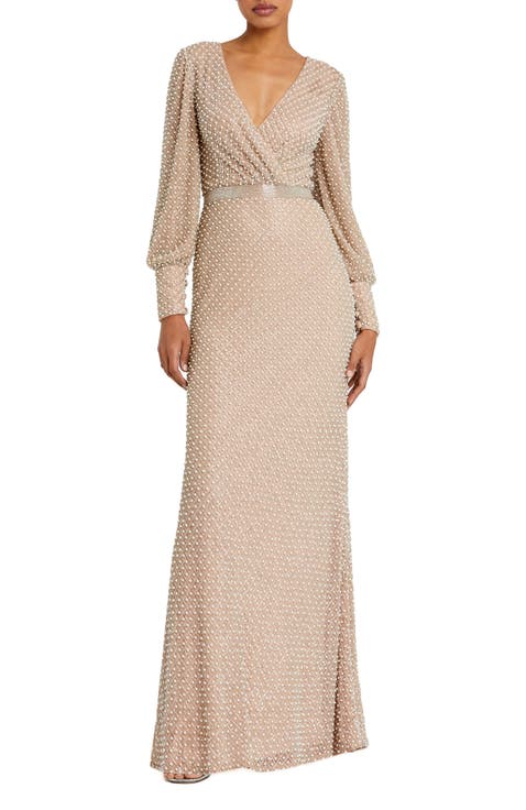 Wrap Over Bishop Sleeve Pearl Beaded Gown