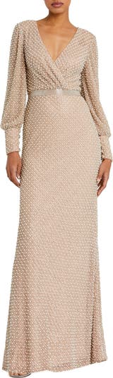 Wrap Over Bishop Sleeve Pearl Beaded Gown