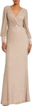 Mac Duggal Wrap Over Bishop Sleeve Pearl Beaded Gown