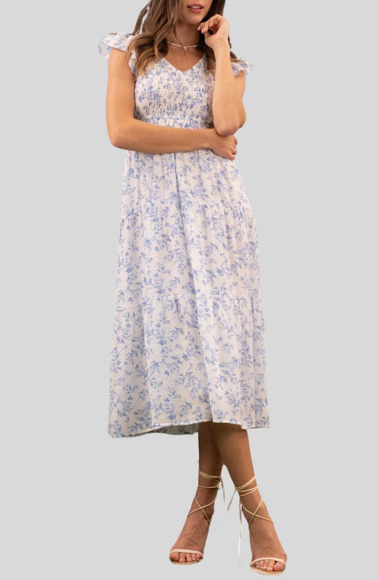 Blu Pepper Flutter Sleeve Smocked Midi Dress, Main, color,