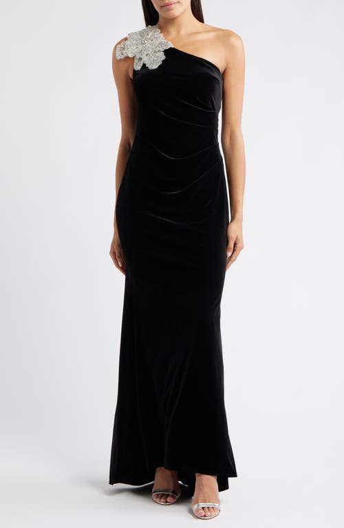 Eliza J Side Tuck One-Shoulder Velvet Gown in Black 