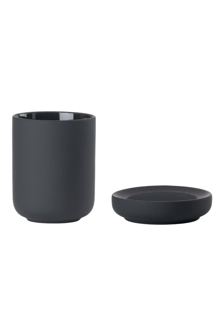 Ume Soap Dish & Toothbrush Mug Stoneware Set, Main, color, BLACK