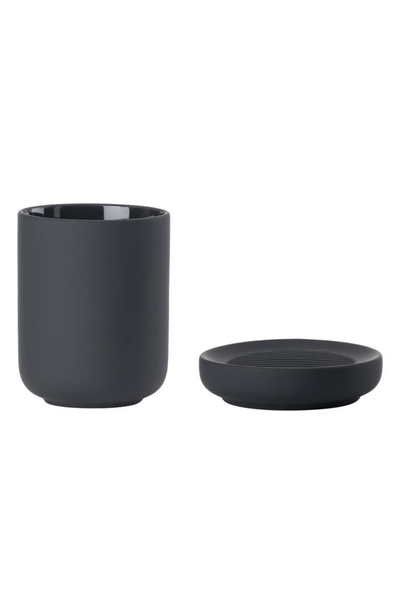 Zone Denmark Ume Soap Dish & Toothbrush Mug Stoneware Set, Main, color, Black