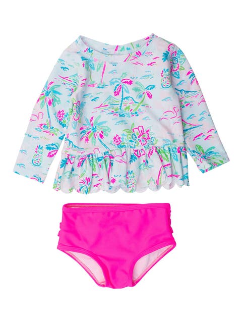 Girls UPF50+ Sun Protected Scallop Hem Long Sleeve Rash Guard Bikini