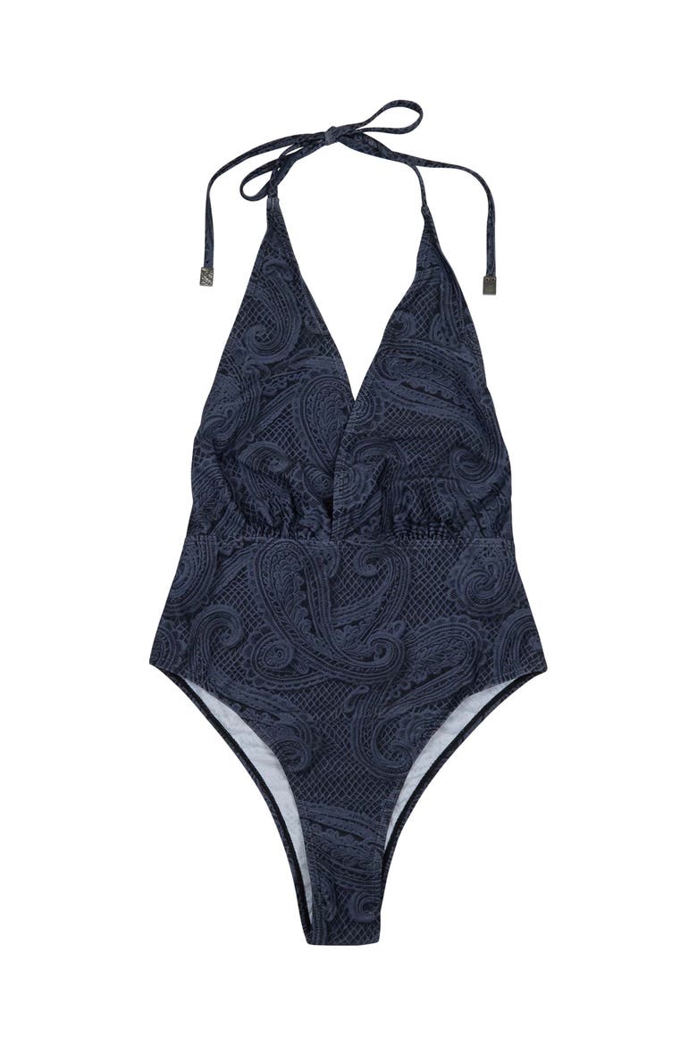 Crochet Paisley Womens Halter One-Piece Swimsuit, Alternate, color, Crochet Paisley Caviar