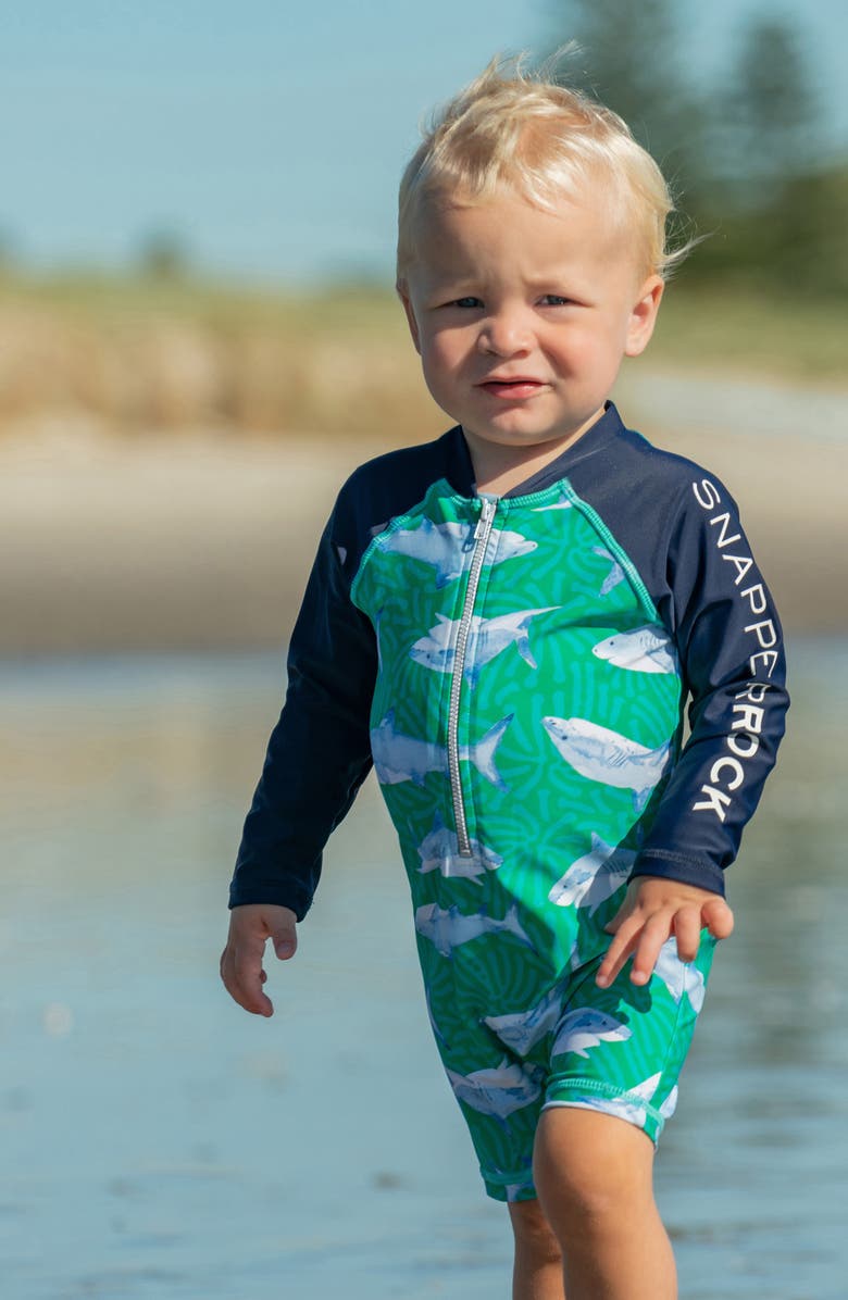 Snapper Rock Reef Shark Long Sleeve One-Piece Rashguard Swimsuit, Alternate, color, Green