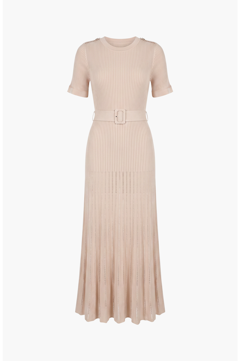 Ribbed Knit Belted Waist Pleated Midi Dress, Alternate, color, Beige