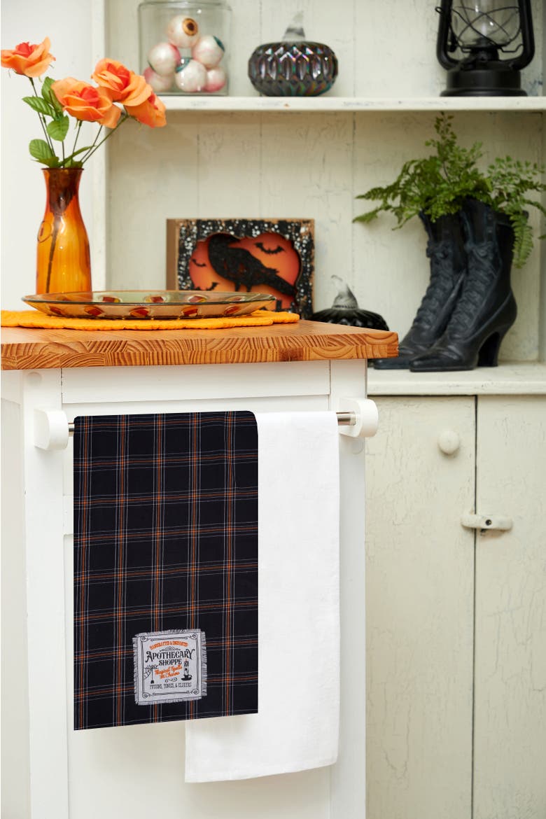 Apothecary Shoppe Plaid Halloween 100% Cotton Handwoven Dishtowel, Alternate, color, Black