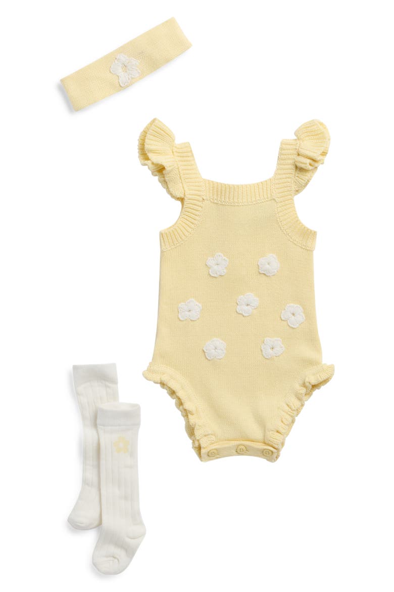 Ruffled Sweater Knit Romper, Headband & Socks Set, Main, color, ANISE FLOWER