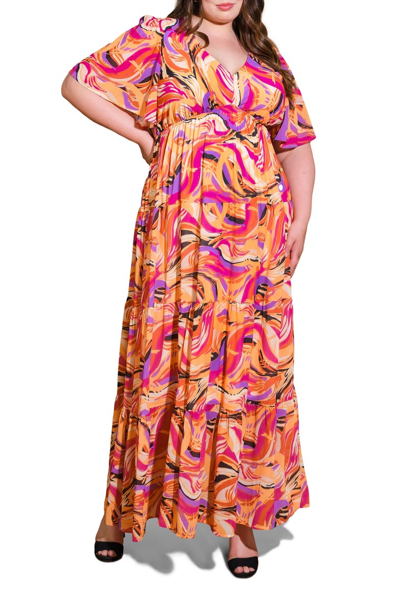 Printed Tiered Maxi Dress, Main, color, MUSTARD MAGENTA
