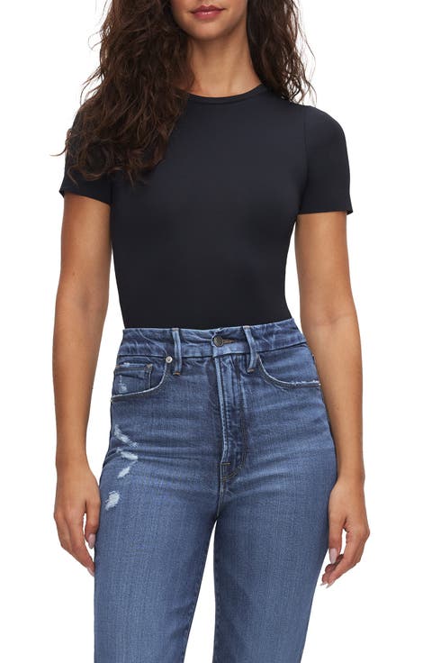 GOOD AMERICAN 売れ筋商品|||グッドアメリカン Tシャツ トップス レディース Bodysuits Black SCUBA CREWNECK BODYSUIT | BLACK001 - GOOD AMERICAN