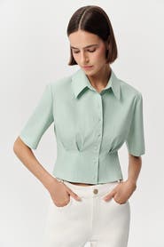 Exquise Charm Fitted Pleated Cropped  Shirt