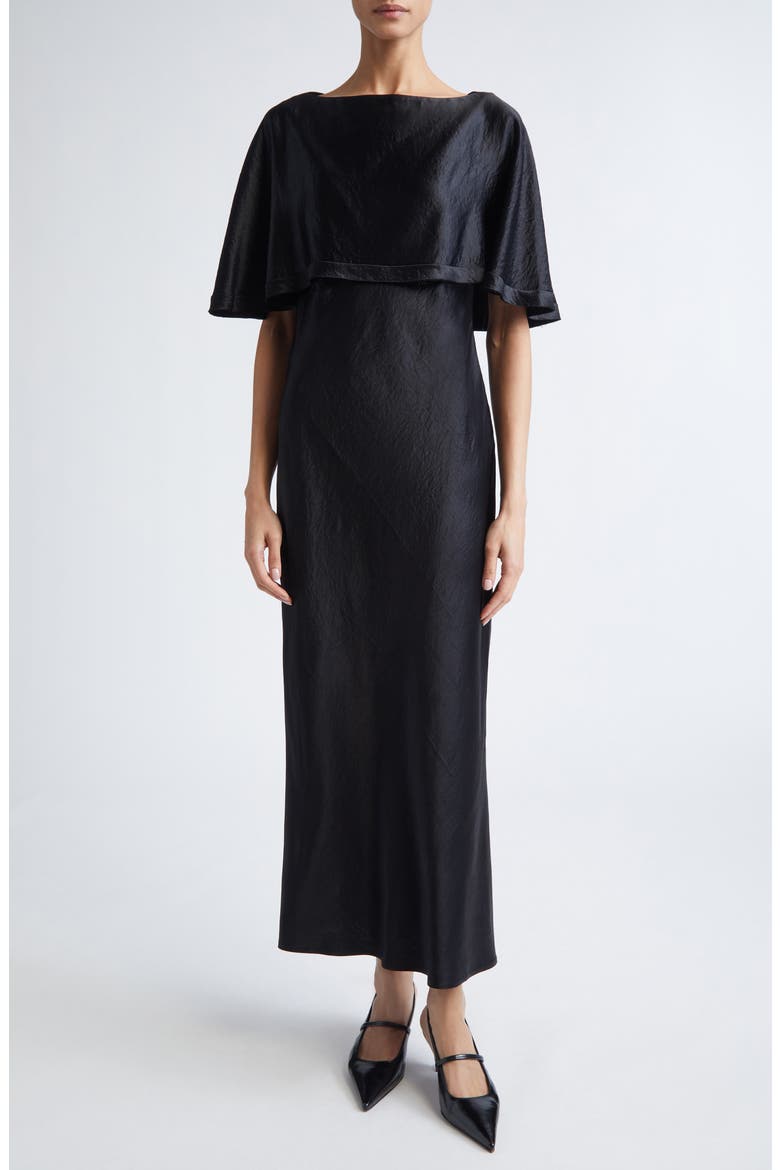 Cape Overlay Washed Twill Gown, Main, color, BLACK