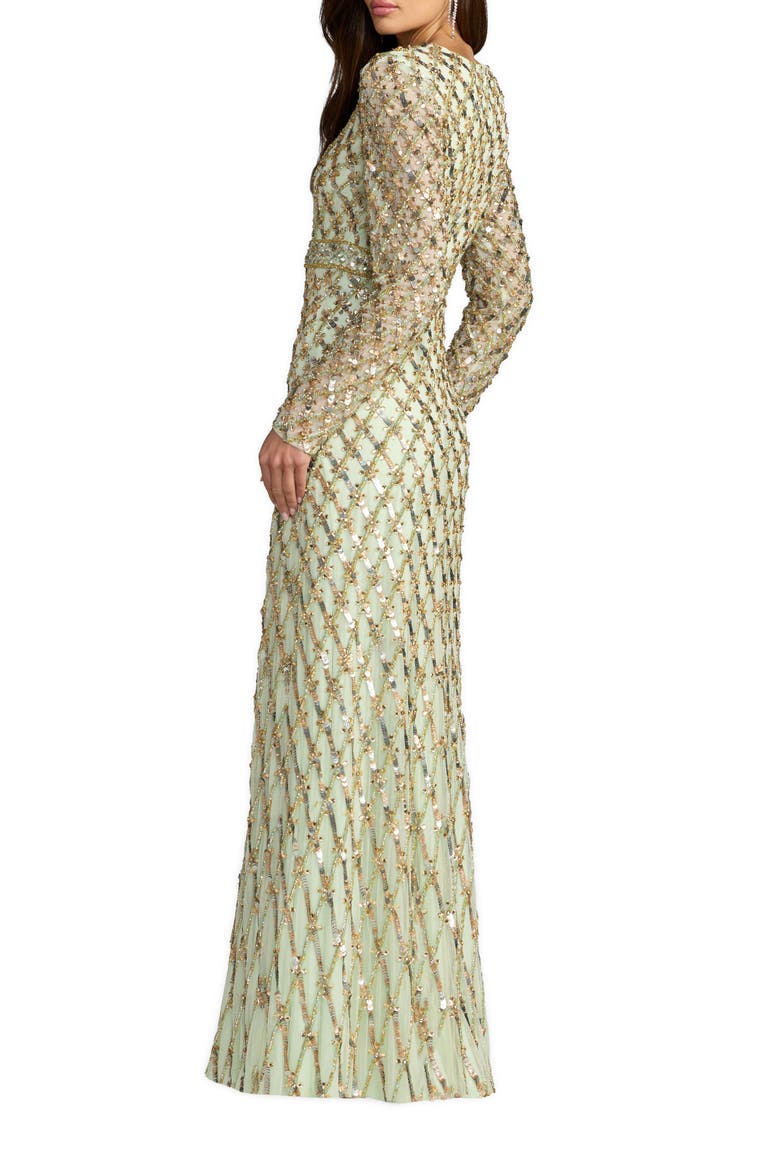 Long Sleeve High Neck Beaded Gown with Lattice Detailing, Alternate, color, Sage