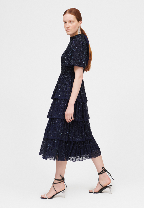 Beauut Embellished Sequin Beaded Midi Dress In Mid Night Blue