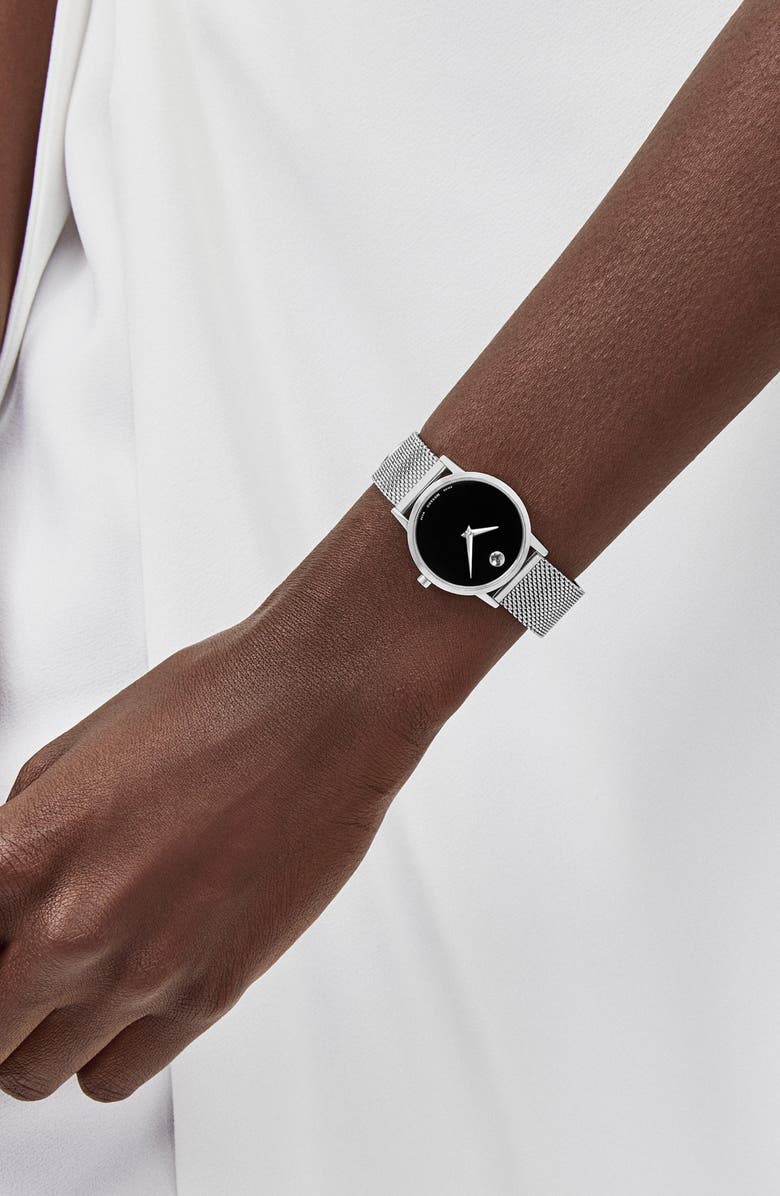 Movado Museum Mesh Strap Watch, 28mm, Alternate, color, Silver/ Black/ Silver