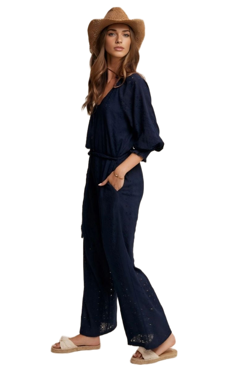 Knit and Lounge Eyelet Wide-Leg Adjustable Waist Jumpsuit, Alternate, color, Navy Eyelet
