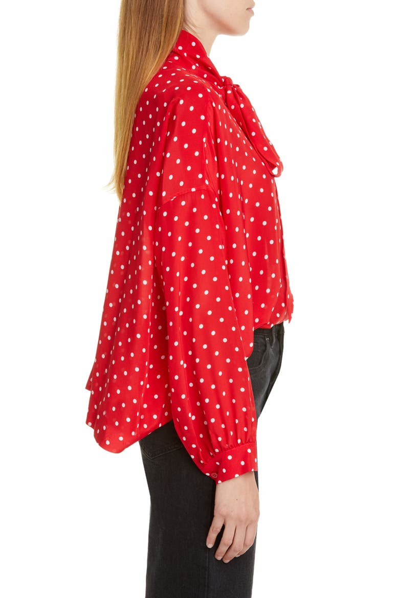 Polka Dot Tie Neck Silk Blouse, Alternate, color, RED/ WHITE