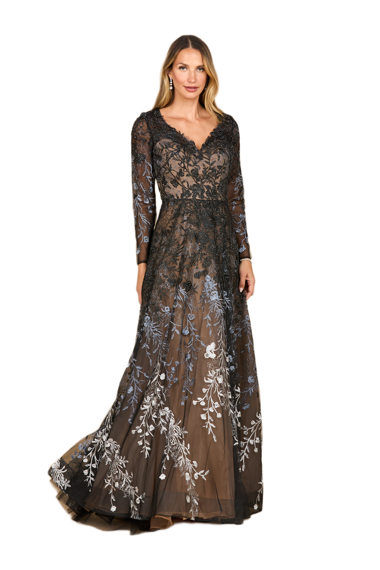 Long Sleeve V-Neck Ombre Lace Gown, Main, color, Black Ombre