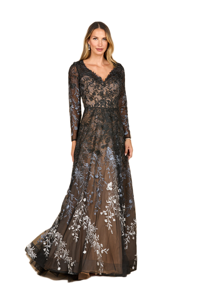 LARA New York Long Sleeve V-Neck Ombre Lace Gown, Main, color, Black Ombre