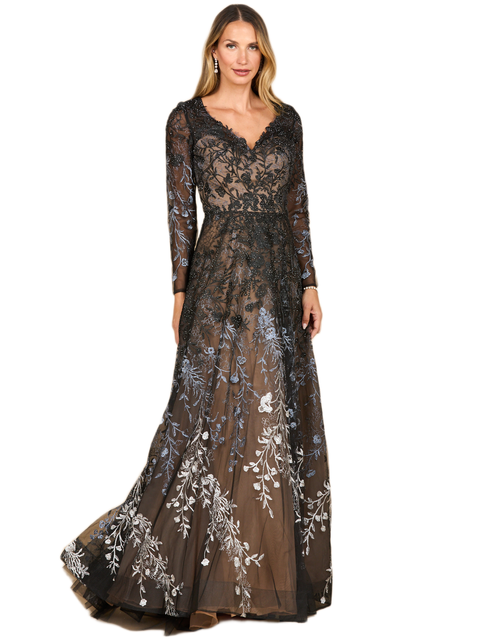 Long Sleeve V-Neck Ombre Lace Gown