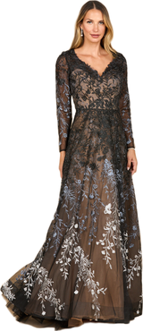 LARA New York Long Sleeve V-Neck Ombre Lace Gown