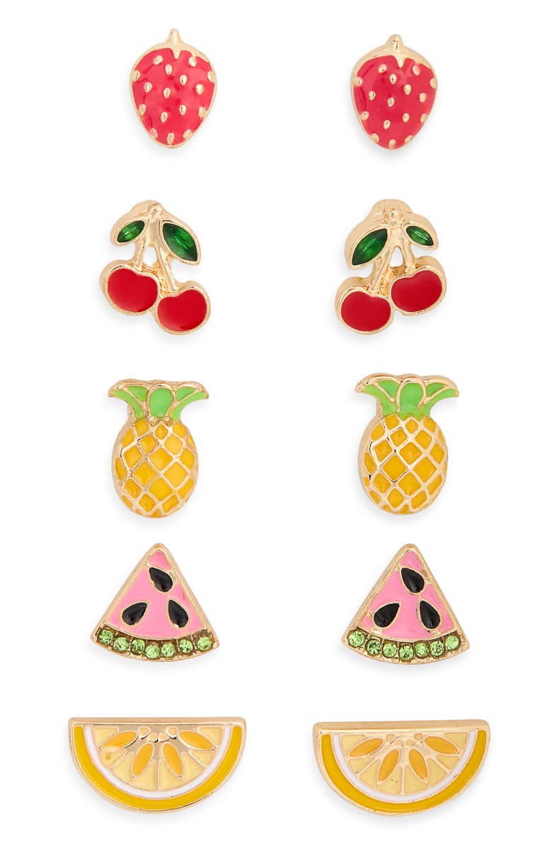 Leith Assorted 5-Pack Stud Earrings, Alternate, color, Fruit- Red Multi- Gold