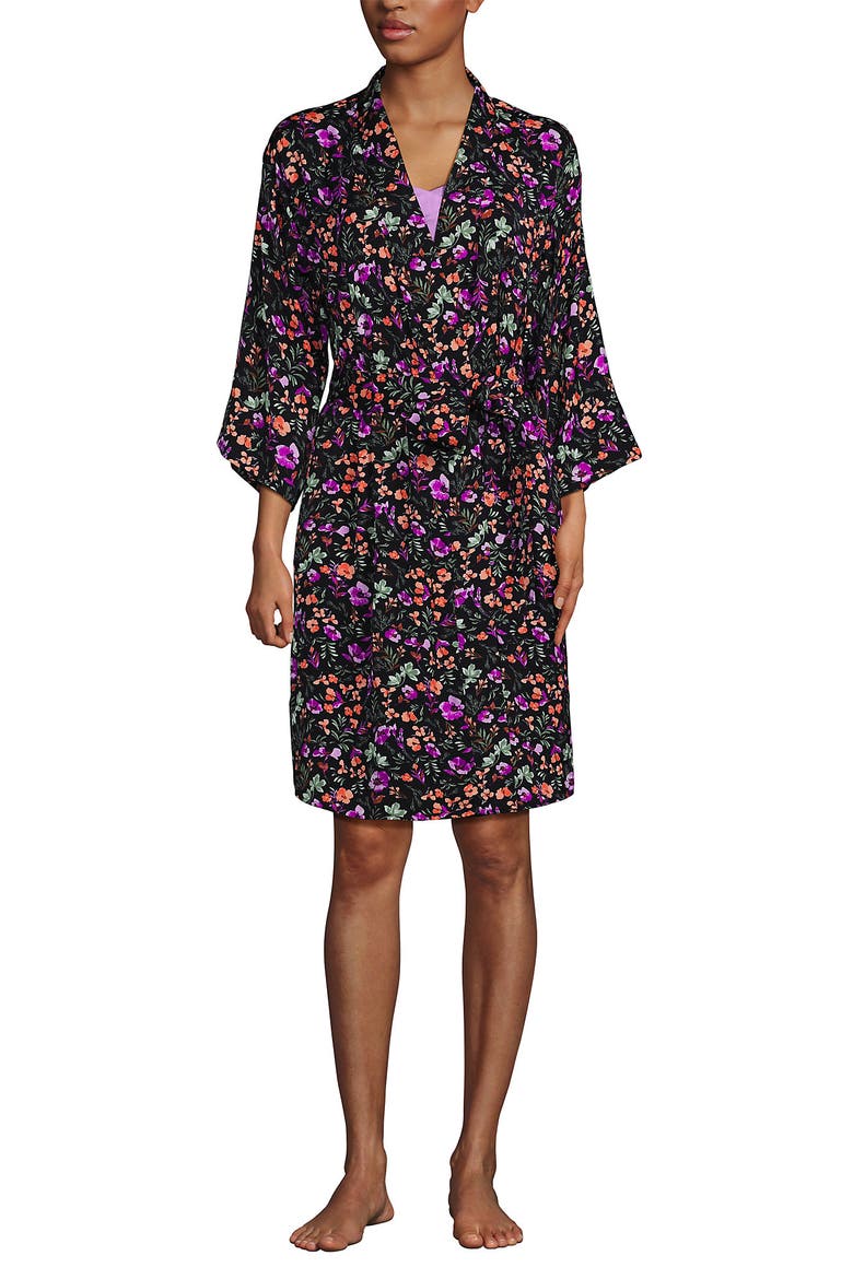Matte Satin 2 Piece Pajama Set - Nightgown and Robe, Alternate, color, Black Large Watercolor Floral