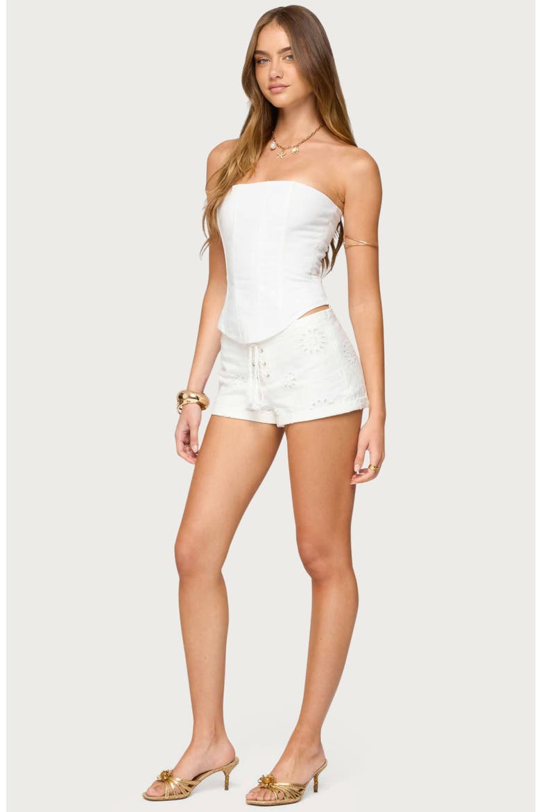 Trisha Low Rise Eyelet Lace-Up Shorts, Alternate, color, WHITE