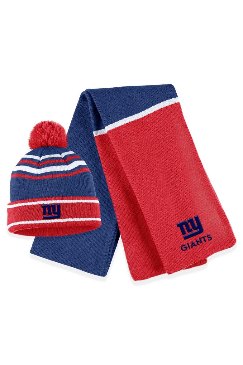 Women's WEAR by Erin Andrews Royal New York Giants Colorblock Cuffed Knit Hat with Pom and Scarf Set, Main, color, Royal