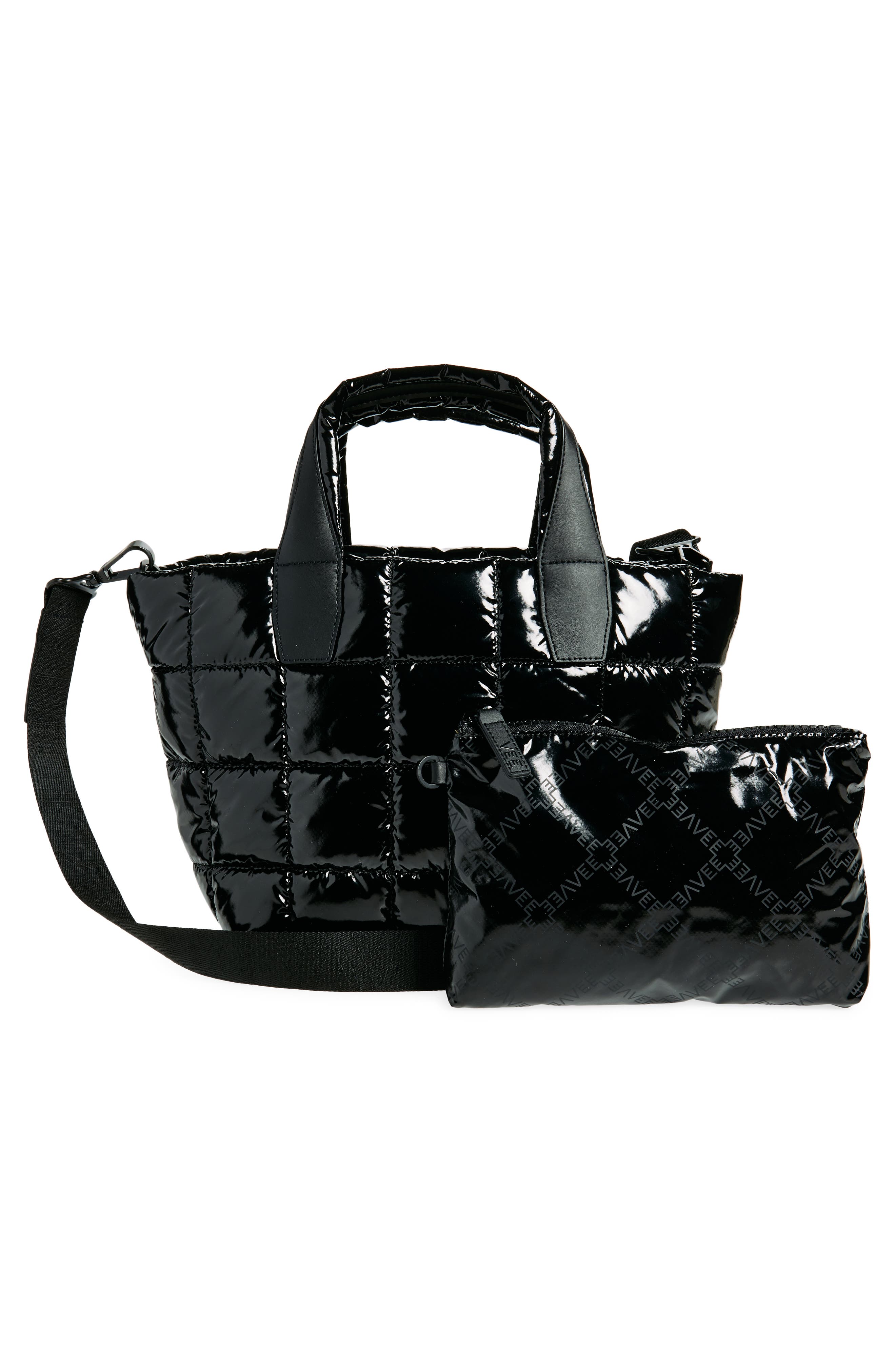VeeCollective Small Porter Water Resistant Quilted Recycled Nylon Tote, Alternate, color, Black Vinyl
