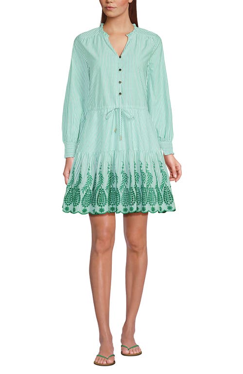 Lands' End Long Sleeve Eyelet Mini Popover Dress In Vibrant Clover Stripe Eyelet