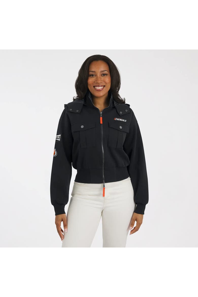 Women's WEAR by Erin Andrews  Black Cincinnati Bengals Patch Pocket Cropped Full-Zip Bomber Jacket, Alternate, color, Black