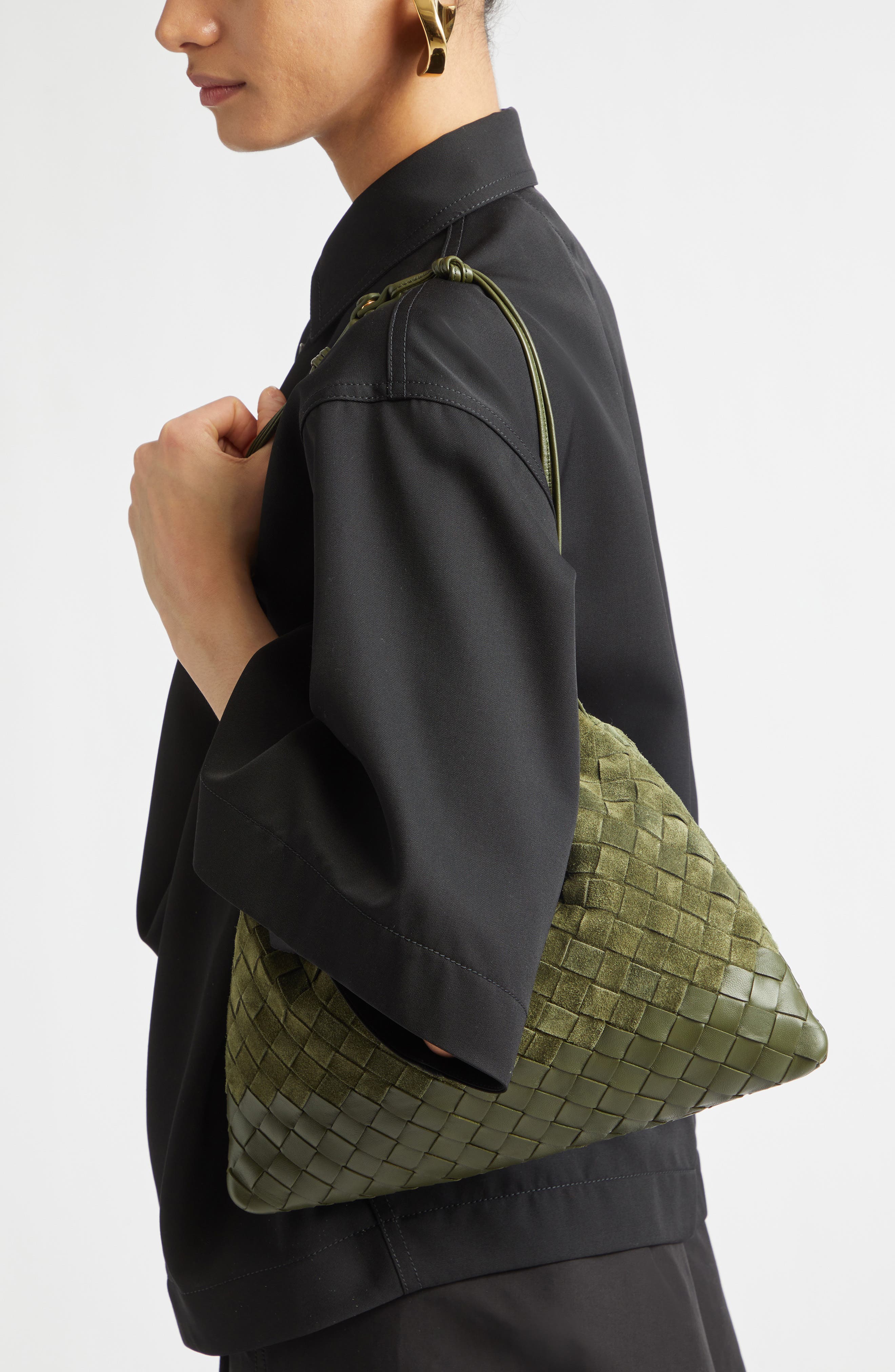 Medium Dustbag Intrecciato Suede & Leather Shoulder Bag, Alternate, color, 3785 GREEN TWEED-GOLD