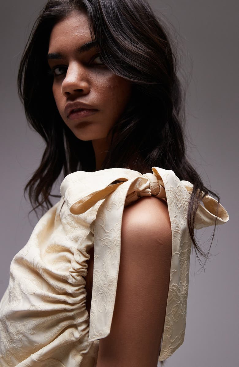 Topshop Tie Shoulder Jacquard Minidress, Alternate, color, Cream