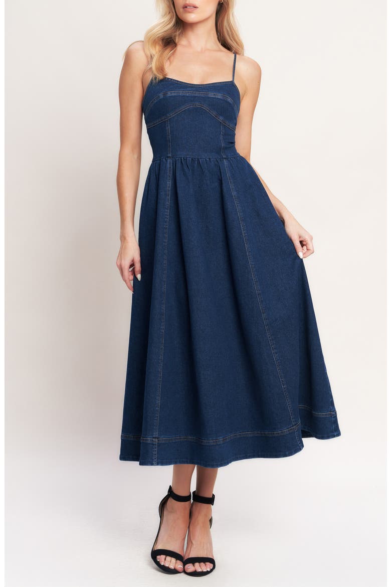 Fit & Flare Denim Maxi Dress, Main, color, MEDIUM INDIGO