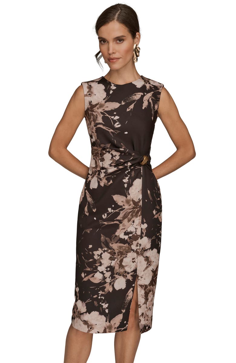 Donna Karan New York Poly Floral Print Cap Sleeve Midi Dress, Alternate, color, Fawn Multi