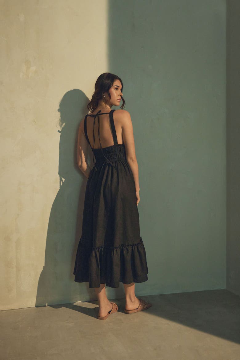 Amara Ruched Midi Linen Dress in Noir Black, Alternate, color, Noir Black