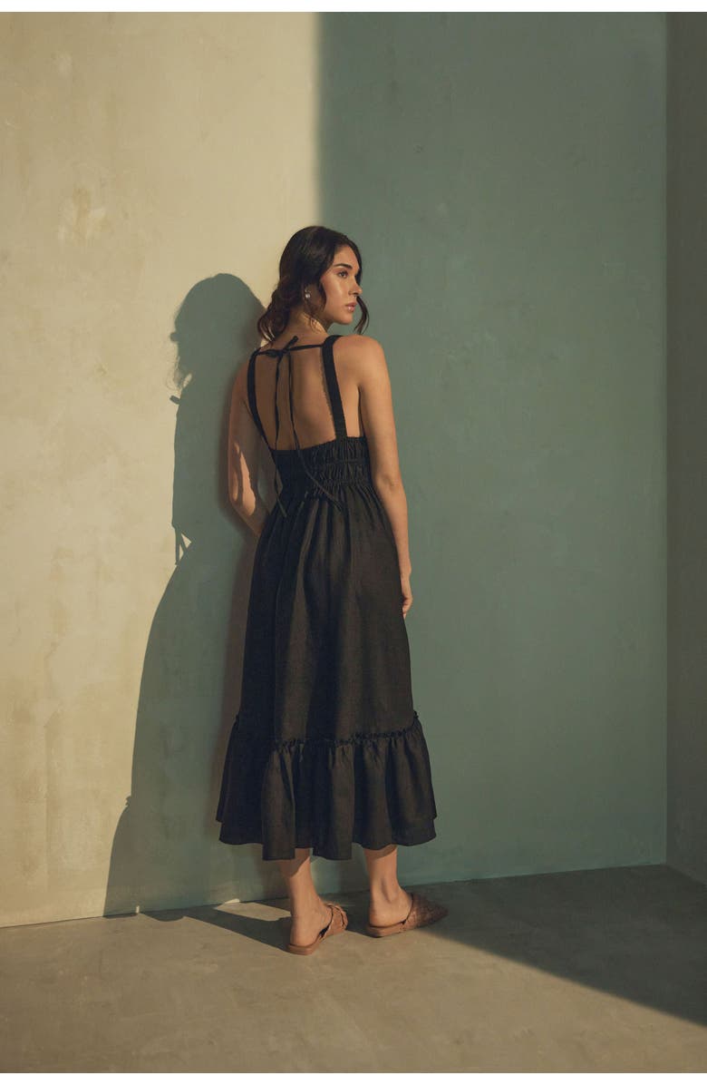 Vasiliki Amara Ruched Midi Linen Dress in Noir Black, Alternate, color, Noir Black