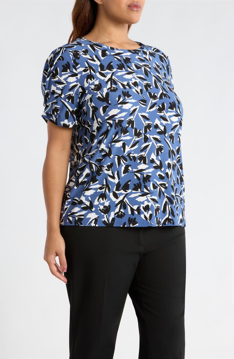 AK ANNE KLEIN Floral Pleat Sleeve T-Shirt, Alternate, color, Blue Jay Multi