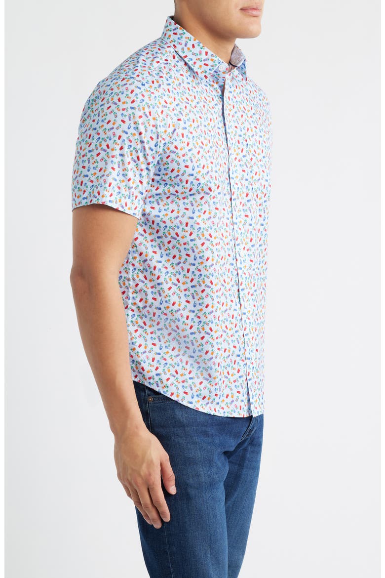 Logan Cocktail Print Short Sleeve Cotton Blend Button-Up Shir, Alternate, color, BLUE MULTI HAPPY HOUR