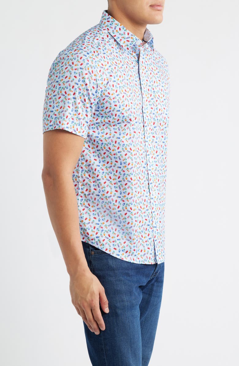 Johnston & Murphy Logan Cocktail Print Short Sleeve Cotton Blend Button-Up Shir, Alternate, color, Blue Multi Happy Hour