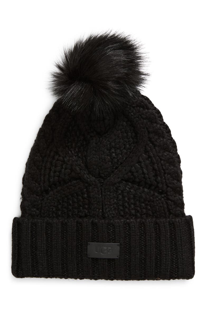 Faux Fur Pompom Cable Knit Beanie, Main, color, BLACK