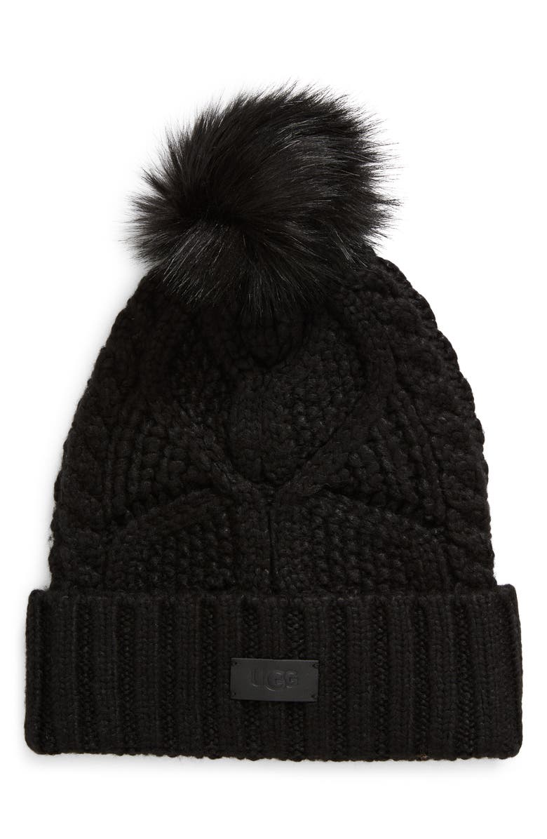 UGG<sup>®</sup> Faux Fur Pompom Cable Knit Beanie, Main, color, Black