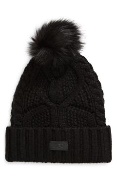 Women's Woolen Hat With Faux Fur Pom Pom - Knitted Beanie For Winter Skiing Running - Fleece Lined - Black