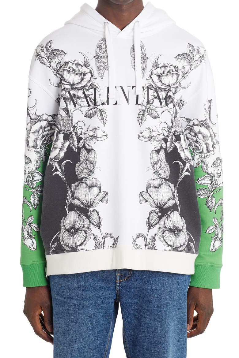 Dark Blooming Floral Logo Hoodie, Main, color, WHITE/ BLACK/ GREEN