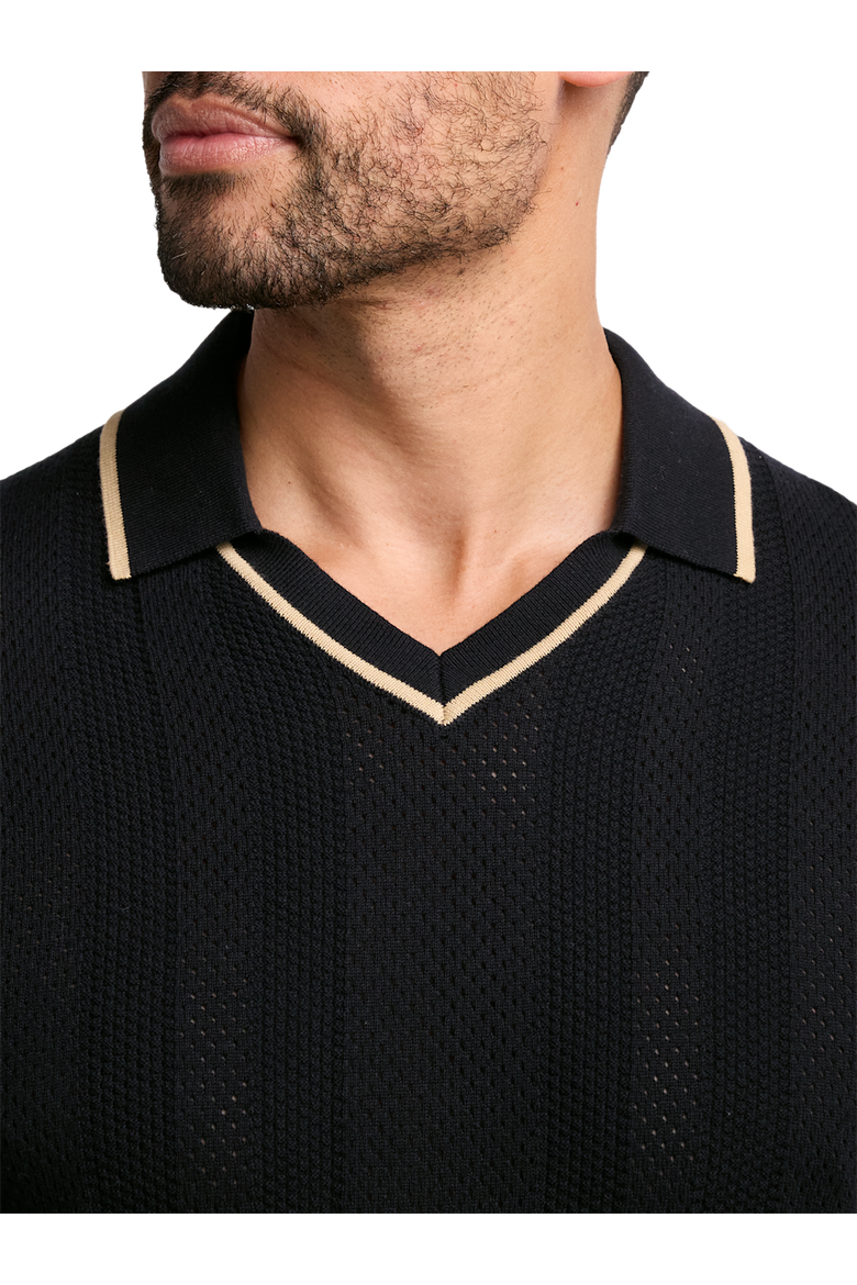 Cotton Crochet V-neck Polo, Alternate, color, Black