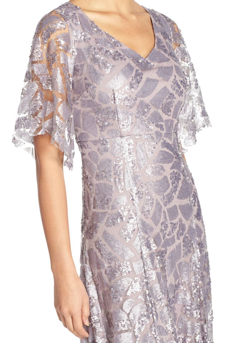 'Camilla' Sequin Flutter Sleeve Gown, Alternate, color, GREY RIDGE