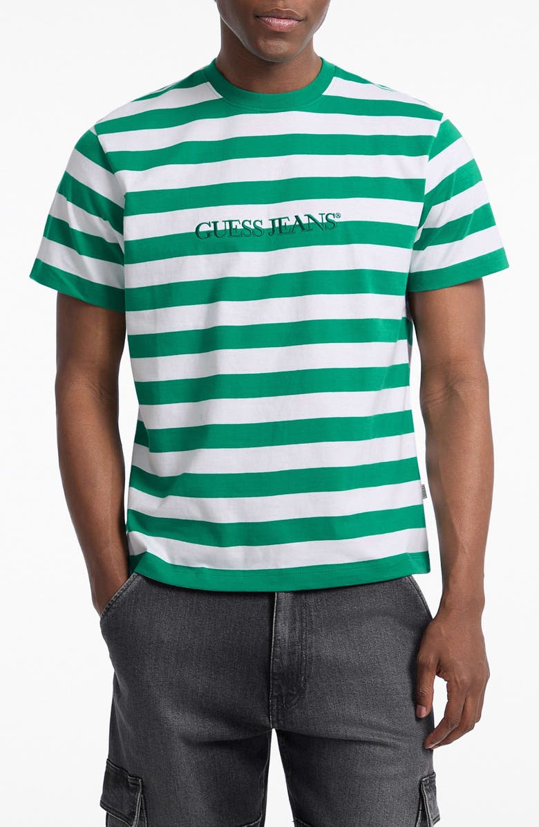 GUESS JEANS Yarn Dye Stripe Organic Cotton T-Shirt, Main, color, Dark Green